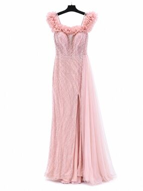Catwalk 50262 Pink Beaded Evening Gown with Ruffle Shoulders